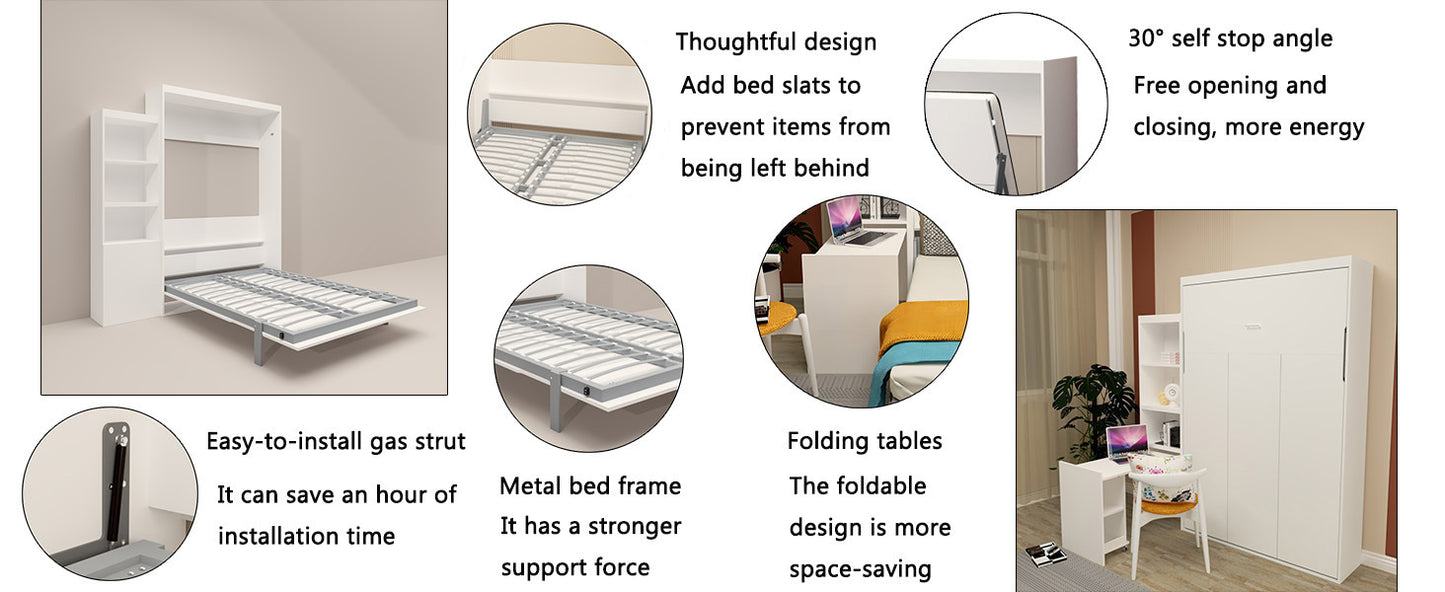 Queen  Size Morden Deisgn Big Size Vertical Murphy Bed with table and shelf  for Bedroom or Guestroom White Wall Bed Space Saving Hidden Bed with New Style Gas Struts