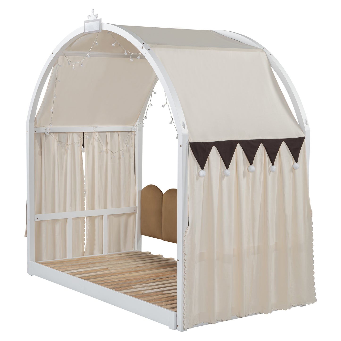 Twin Size Extended Bed With Arched Roof and Trundle, White