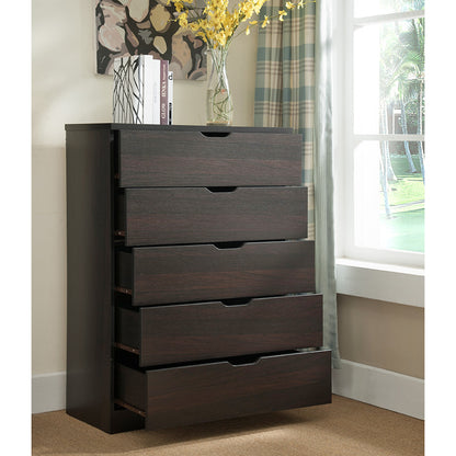 Five drawer clothes and storage chest cabinet in red cocoa chocolate faux wood grain and metal glides