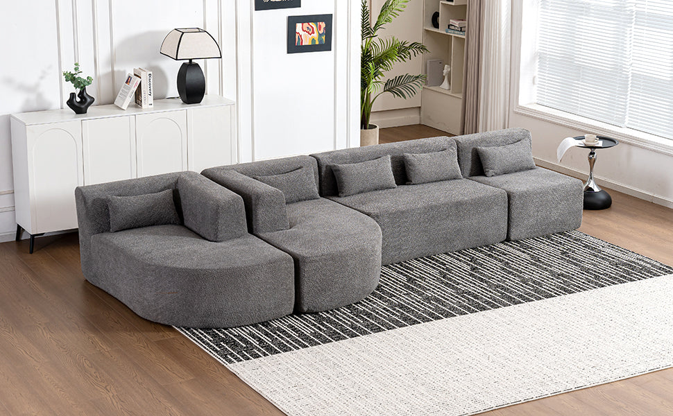 143.7" Upholstered Sofa Free-combined Sofa Couch with Two Chaise Lounge and Five Back Pillows for Living Room, Light Gray