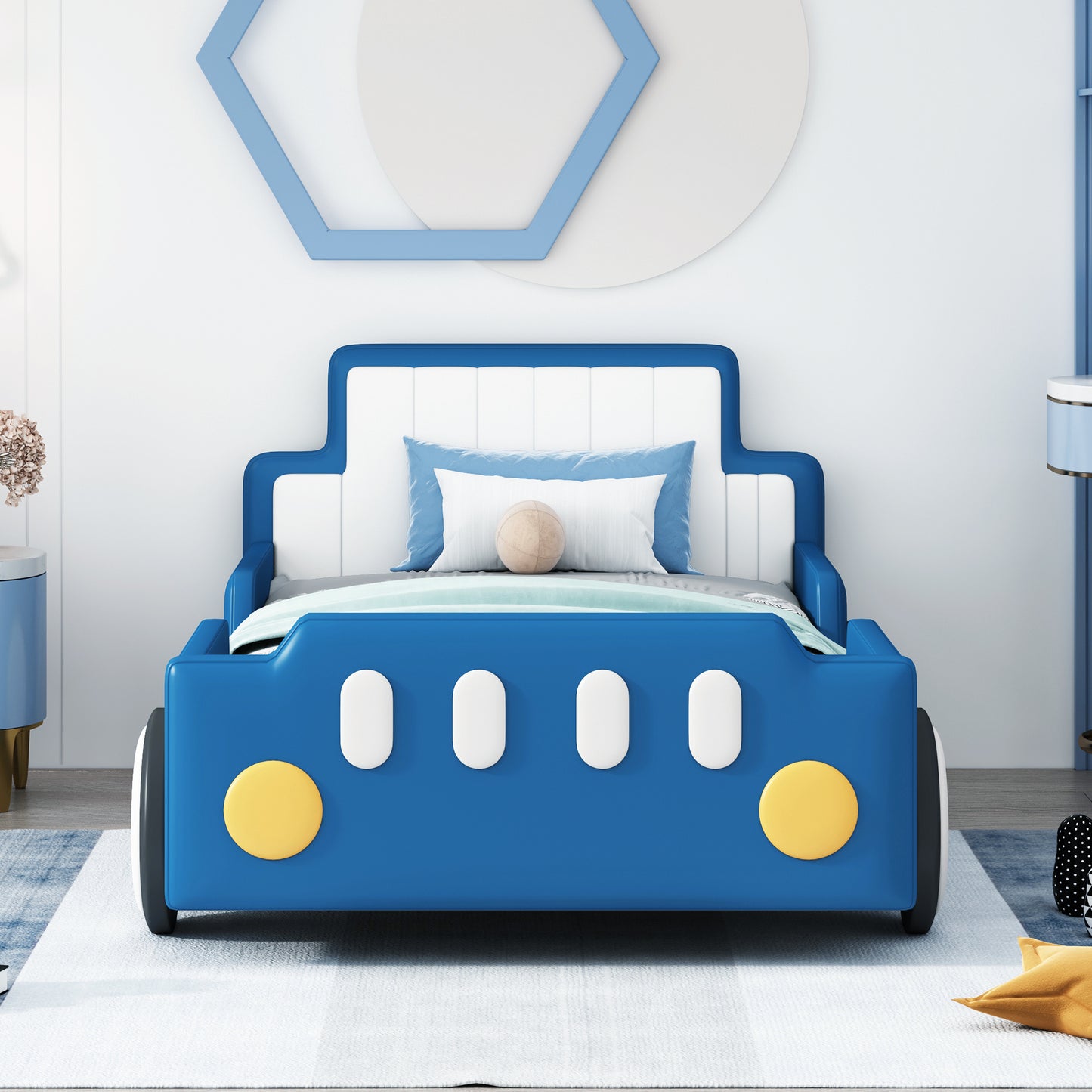 Twin Size Race Car-Shaped Platform Bed with Wheels,Blue