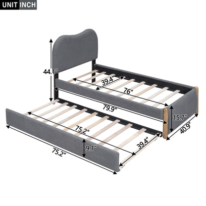 Twin Size Upholstered Platform Bed with Wood Supporting Feet and Twin Size Trundle, Gray