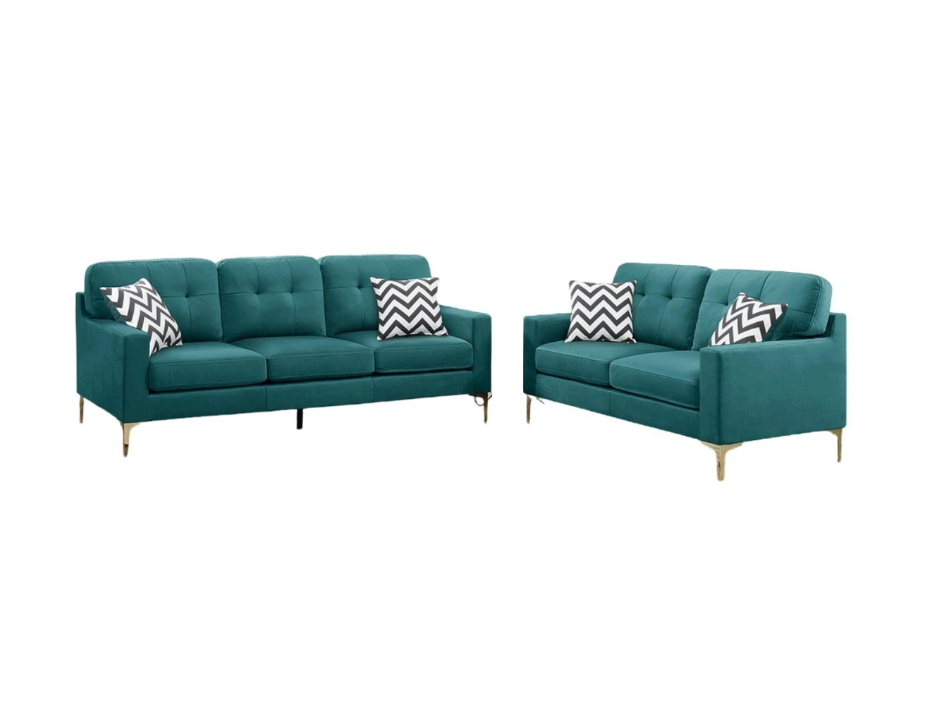 Eye-Catching Attractive 2pc Sofa Set Teal Blue Velvet Fabric Sofa Loveseat w Pillows Couch Firm Tufted Cushions Living Room