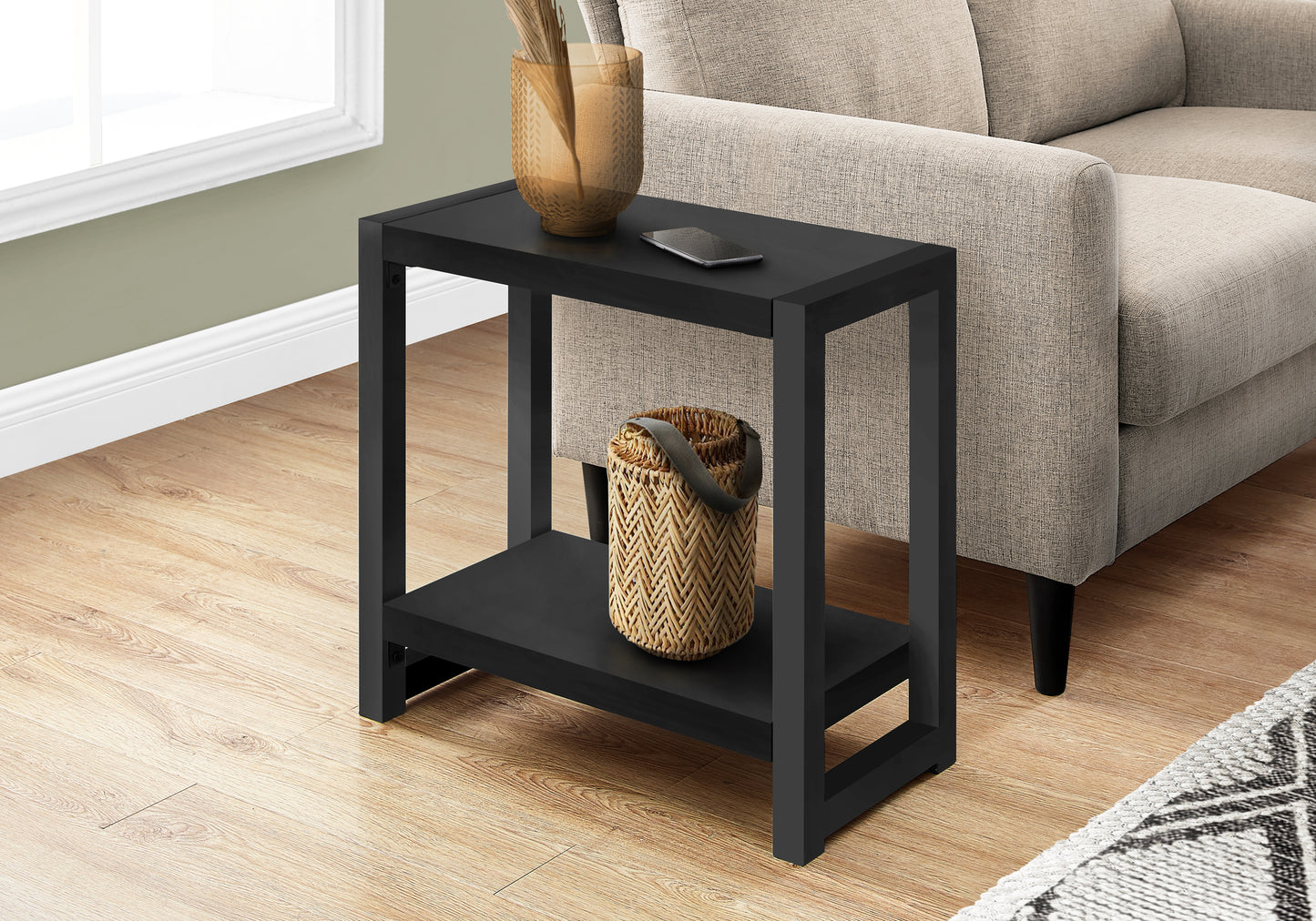 Accent Table, Side, End, Narrow, Small, 2 Tier, Living Room, Bedroom, Black Laminate, Black Metal, Contemporary, Modern