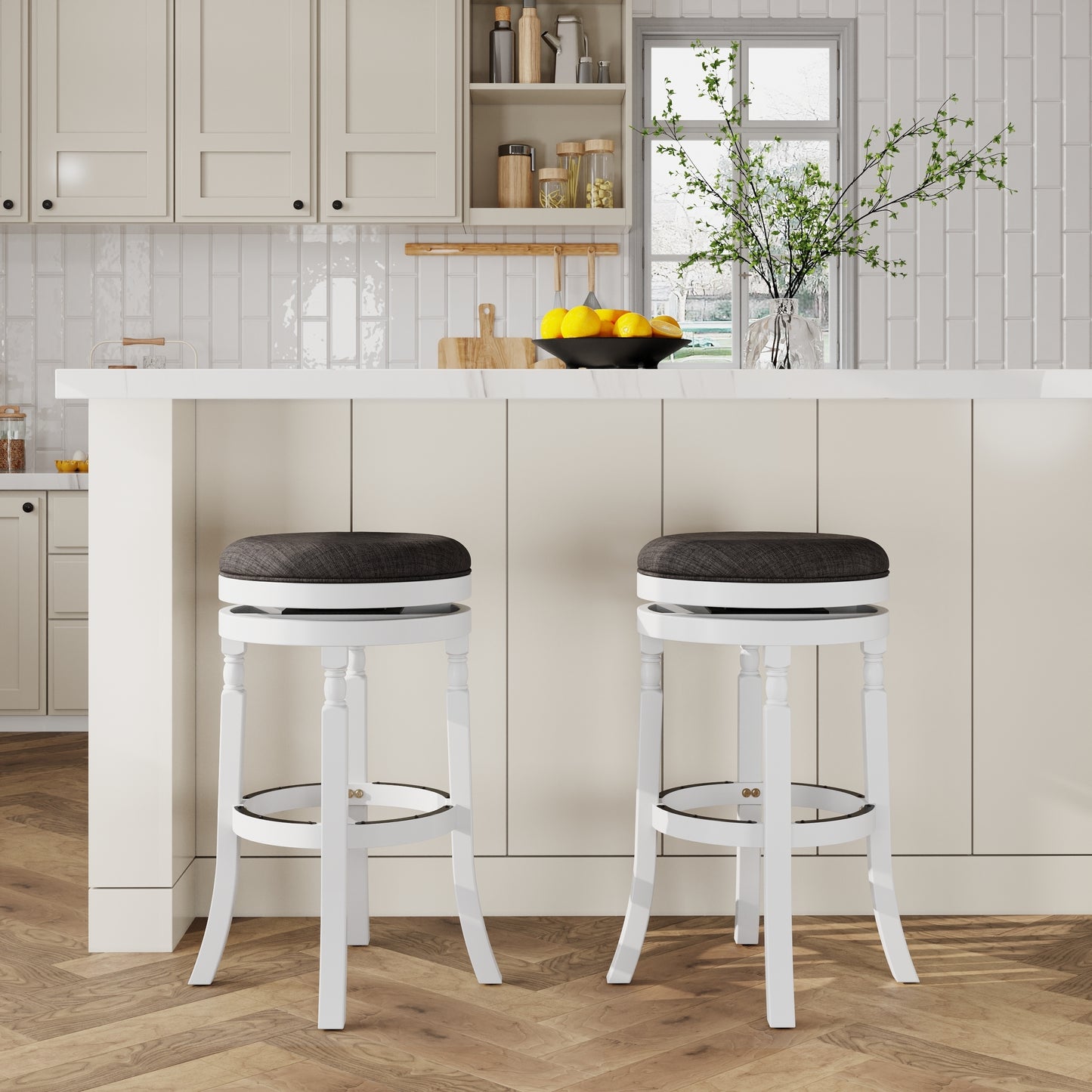 30" Bar Stool, White Finish, Charcoal Fabric Seat