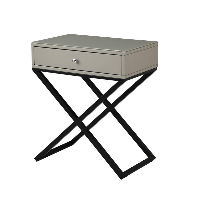 Koda 23" Taupe Wooden End Side Table Nightstand with Glass Top, Drawer and Metal Cross Base