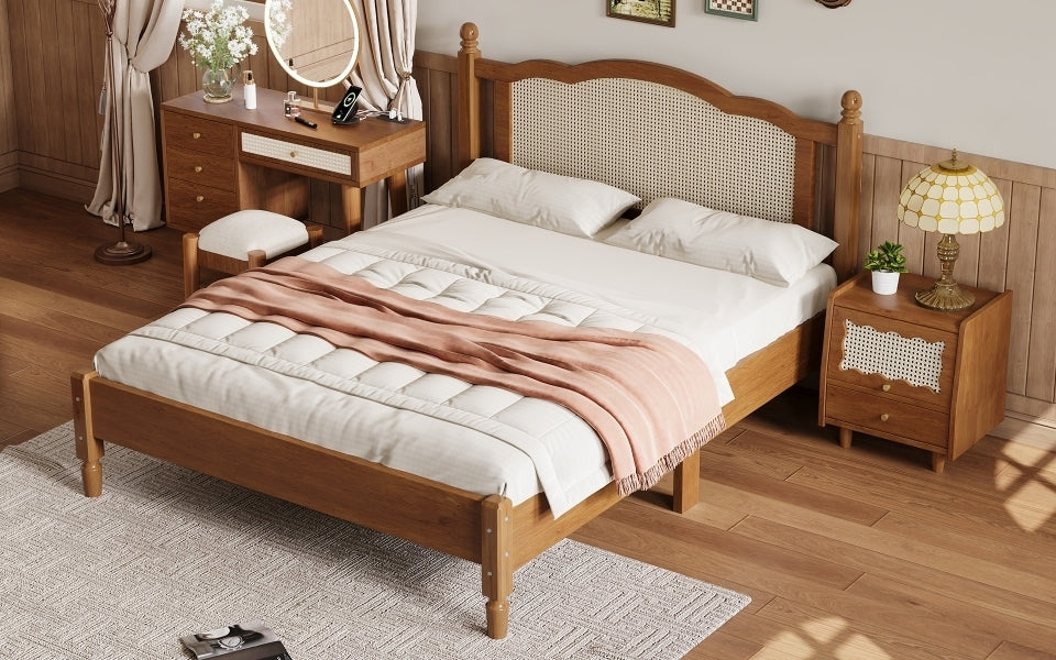 Queen Size Wooden Platform Bed with Natural Rattan Headboard, Vintage Bed Frame with Wooden Slat Support, Walnut