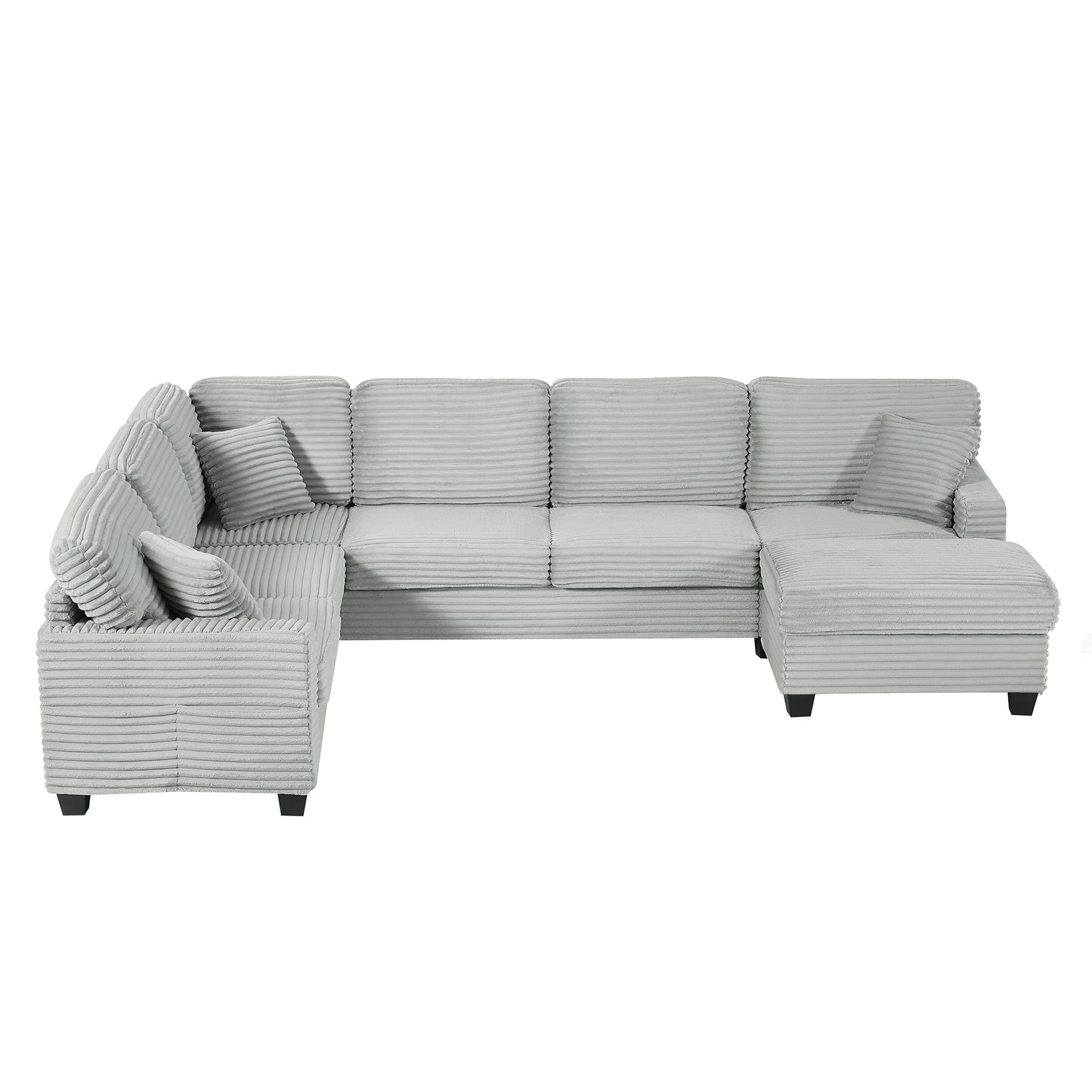 Modern U-shaped Sectional Sofa with Movable Ottoman and Side Storage Pockets, Grey Corduroy, 125.2'