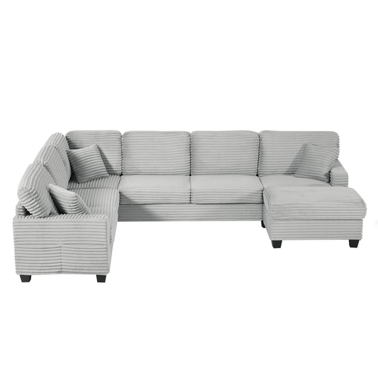 Modern U-shaped Sectional Sofa with Movable Ottoman and Side Storage Pockets, Grey Corduroy, 125.2'