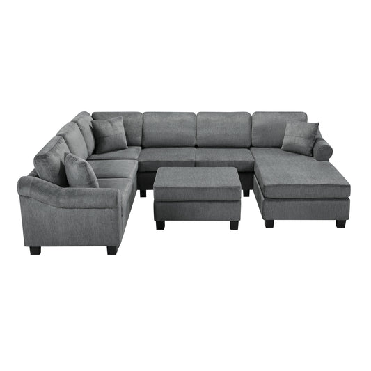 U-shaped Sectional Sofa Chenille Upholstered with Movable Storage Ottoman, Dark Gray, 111.8'
