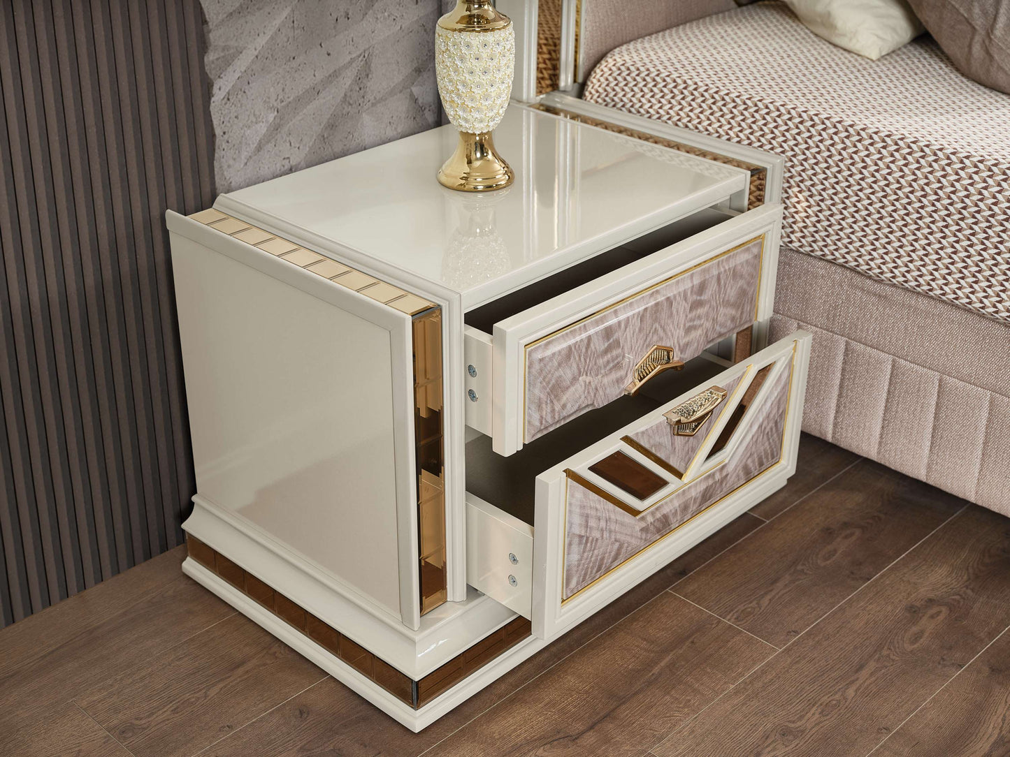 Omari Modern Style 2-Drawer Night stand Made with Wood and Gold Accents in Beige