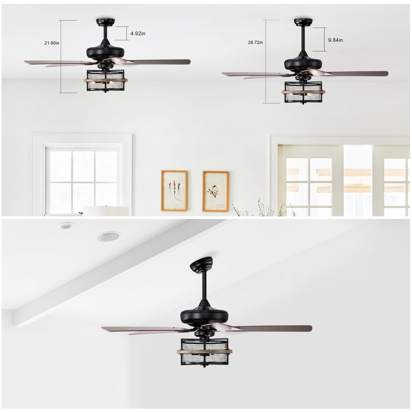 52 Inch Farmhouse Ceiling Fan with  Remote,3-Lights Ceiling Fan with  Light Fixture (No include Bulbs), Ceiling Fan for Patio,Living room,Bedroom --Black Matte+Wood Grain