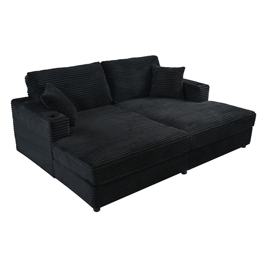 Oversized Loveseat Chaise Lounge Sectional Sofa Bed with USB Ports, Cup Holders, and Pillows, Black Corduroy
