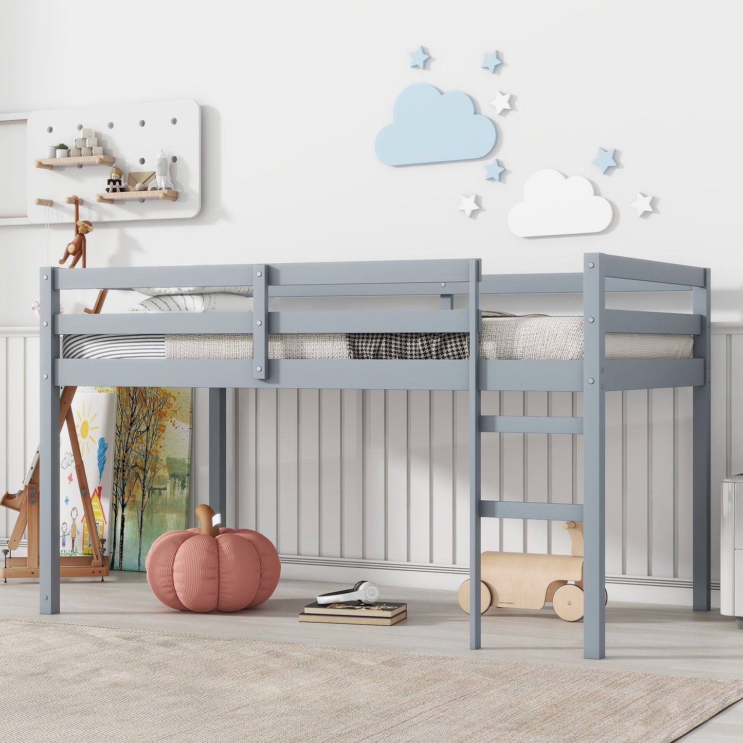 Solid Wooden, Rubber Wooden Twin Loft Bed with Ladder, Bed Platform of Strengthened Slats , Grey