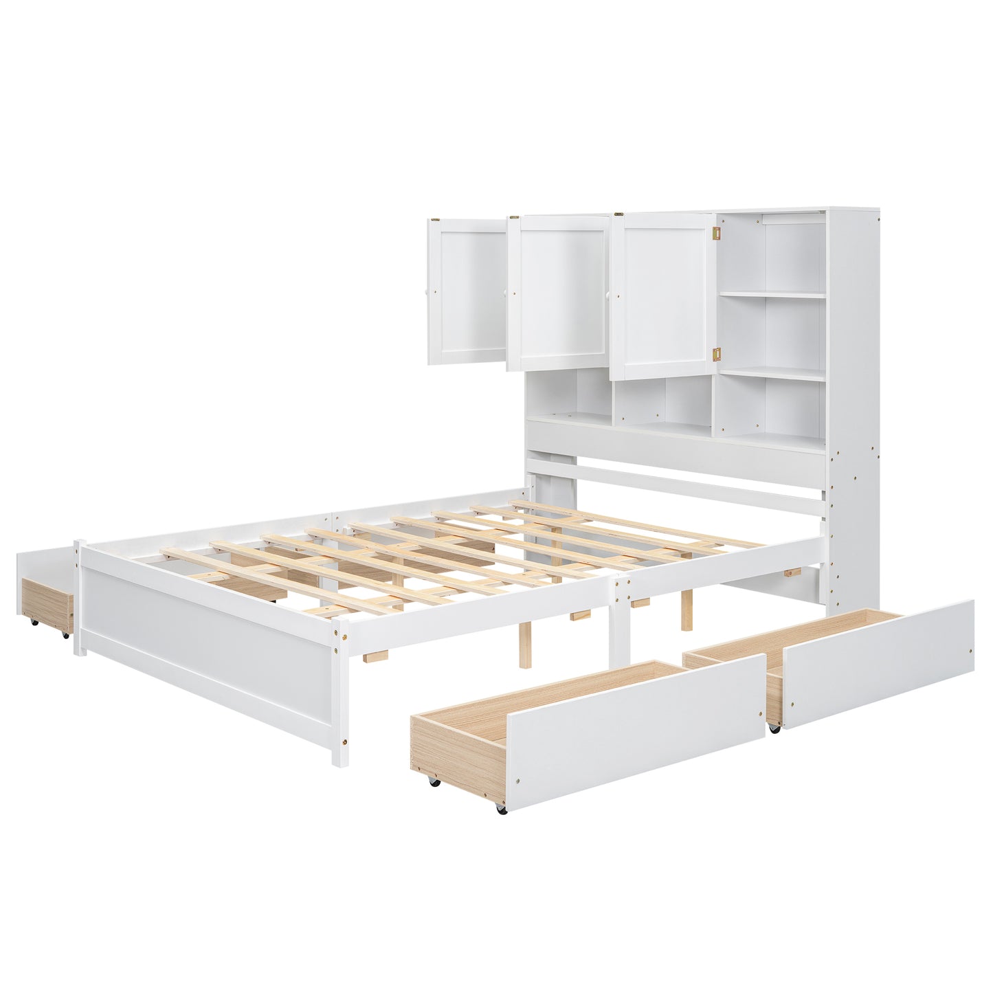 Queen Size Platform Bed with Storage Headboard and 4 Drawers, White