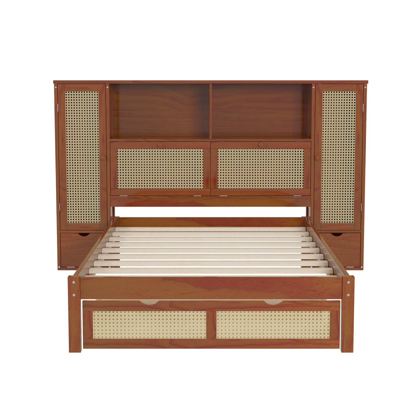 Twin Size Wooden Bed with Two Storage Lockers, Drawer, and Storage Shelf on Headboard, Multifunctional Platform Bed with Natural Rattan, Walnut