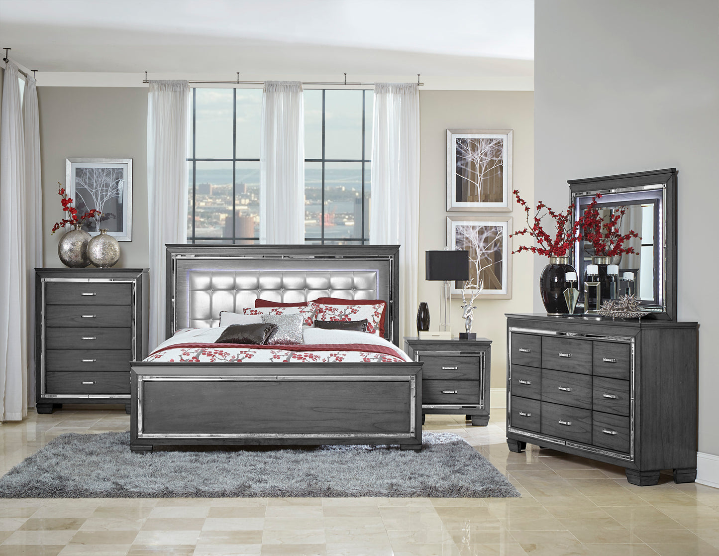 Glamourous Style 1pc Nightstand of 2x Drawers LED Lighting Faux Crystals Bar Pulls Gray Finish Modern Bedroom Furniture
