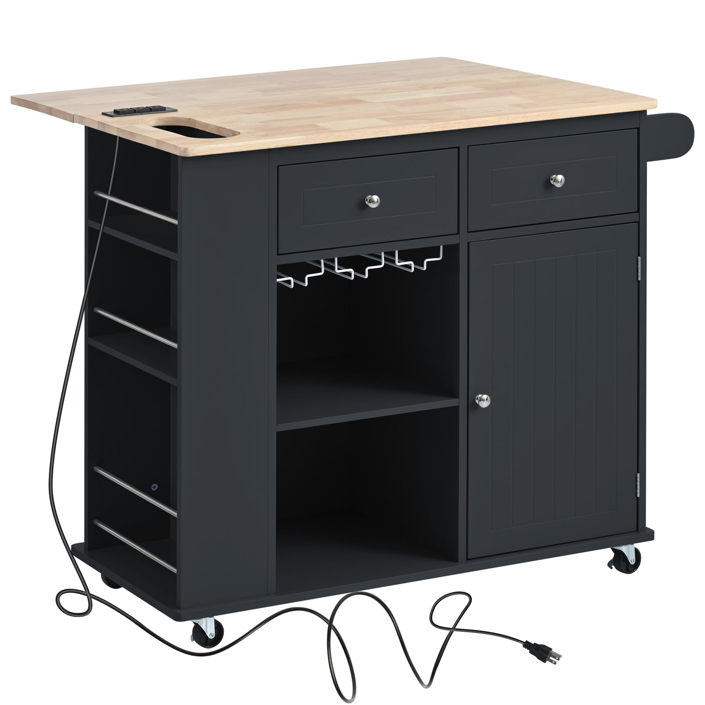 Kitchen Island with Power Outlet,Kitchen Storage Island with Drop Leaf and Rubber Wood,Open Storage and Wine Rack,5 Wheels,with Adjustable Storage for Home, Kitchen, and Dining Room, Black