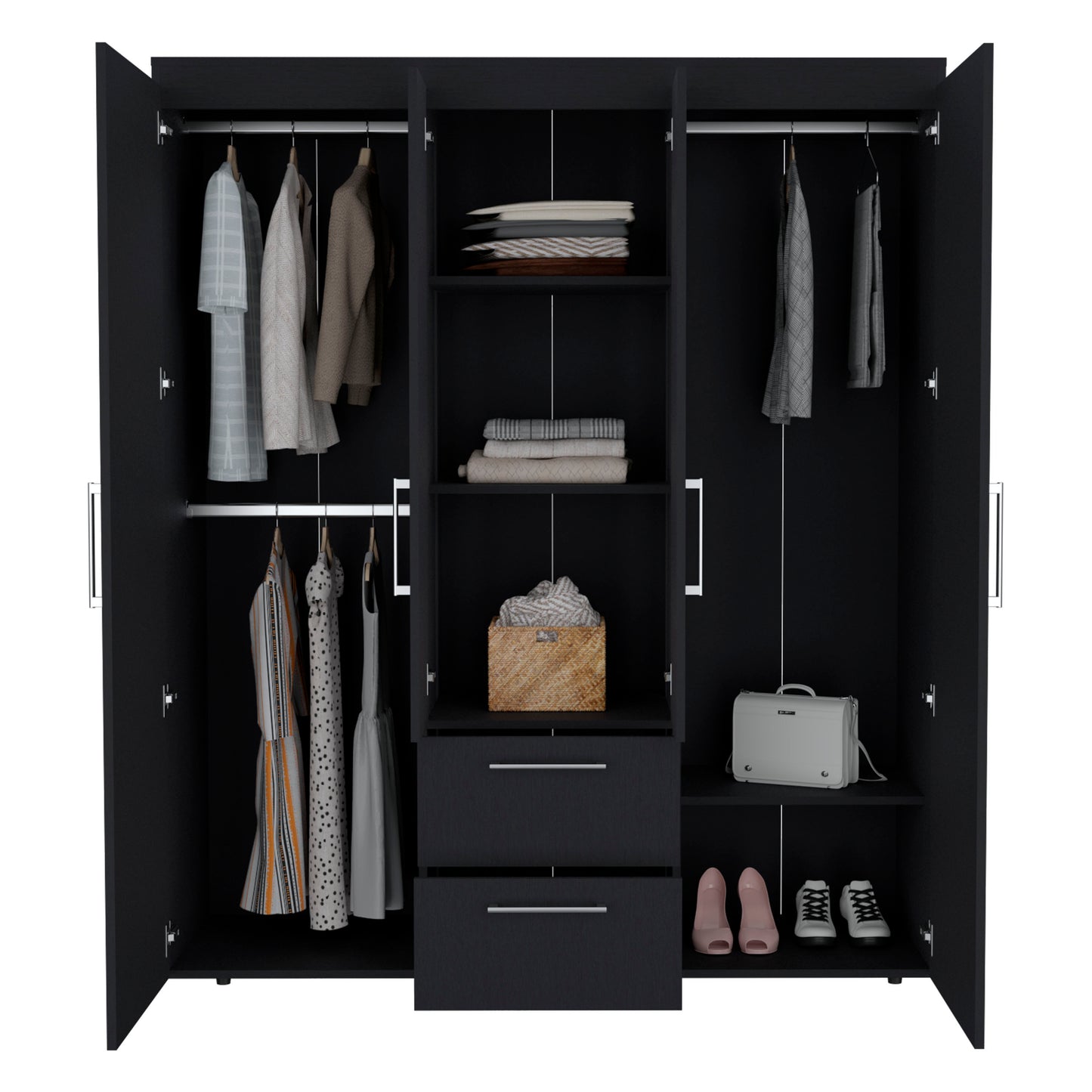 Bariloche Wardrobe, Multi-Section Storage with Hanging Rods, Shelves, and 2 Drawers