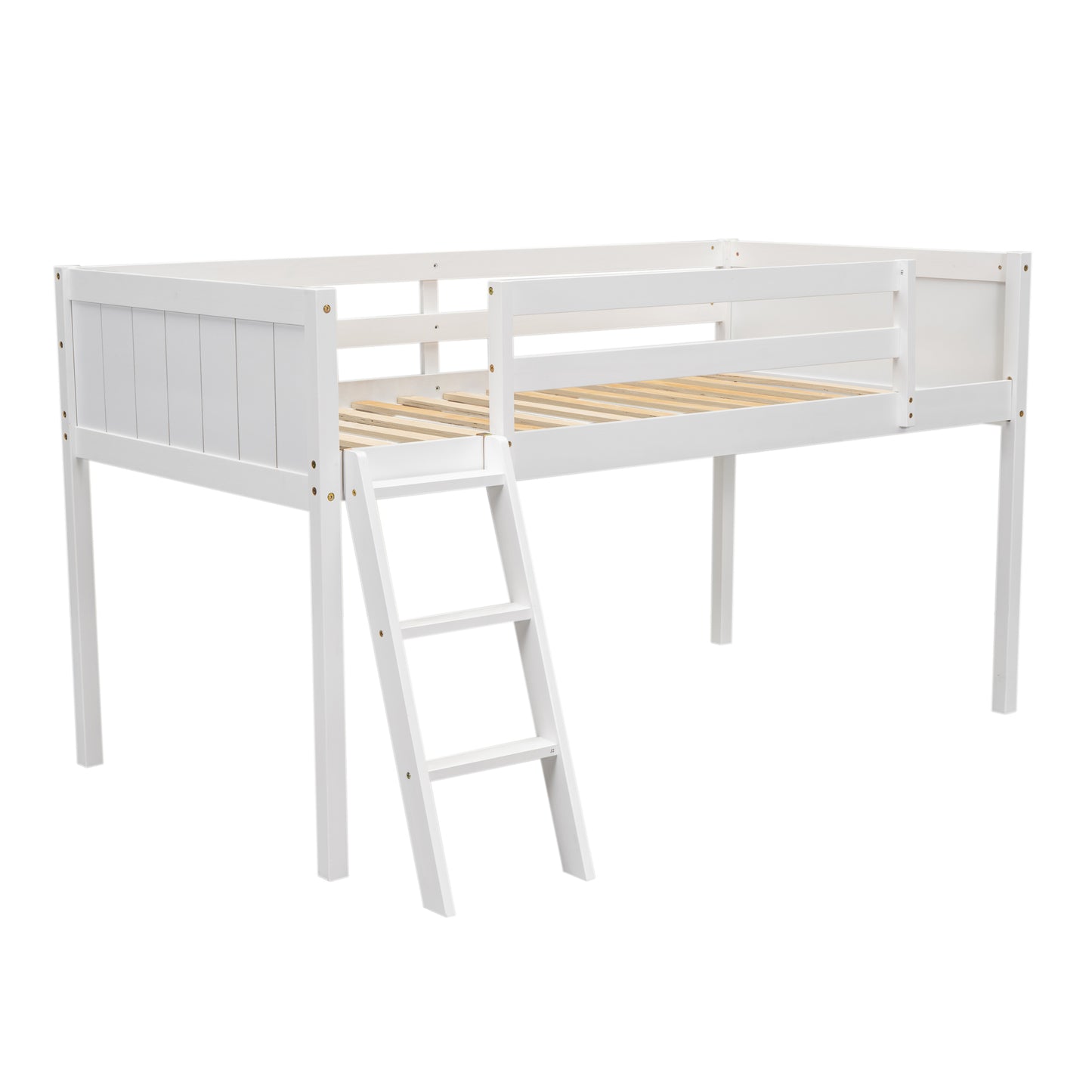 Twin Size Wood Low Loft Bed with Ladder, ladder can be placed on the left or right, White