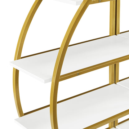 4 Tiers Home Office Open Bookshelf, Round Shape, Different Placement Ways, MDF Board, Gold Metal Frame, White