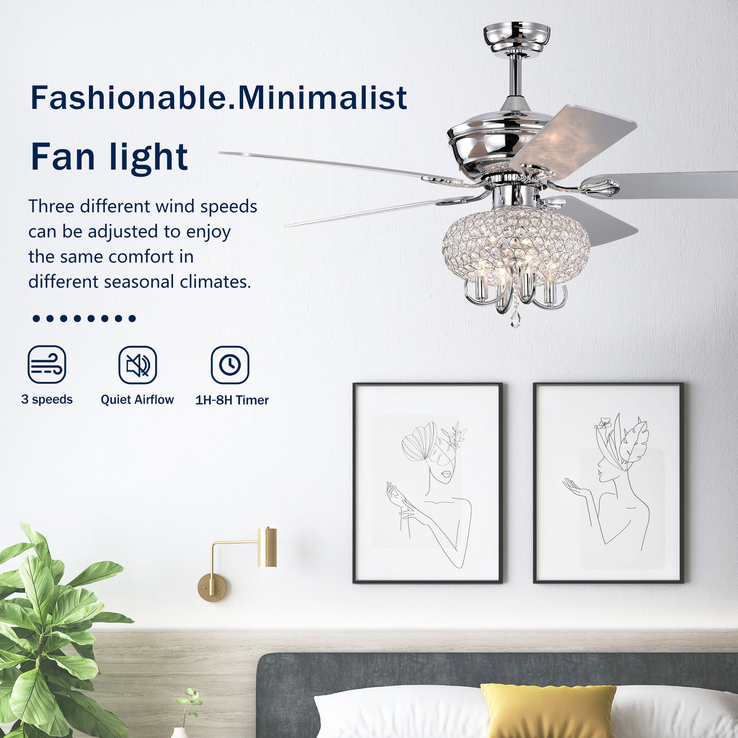 52 inch Crystal Ceiling Fan with Lights Fandelier Chandelier Reversible Blades 3 Wind Speeds Remote Control for Bedroom Living Dining Room--Chrome