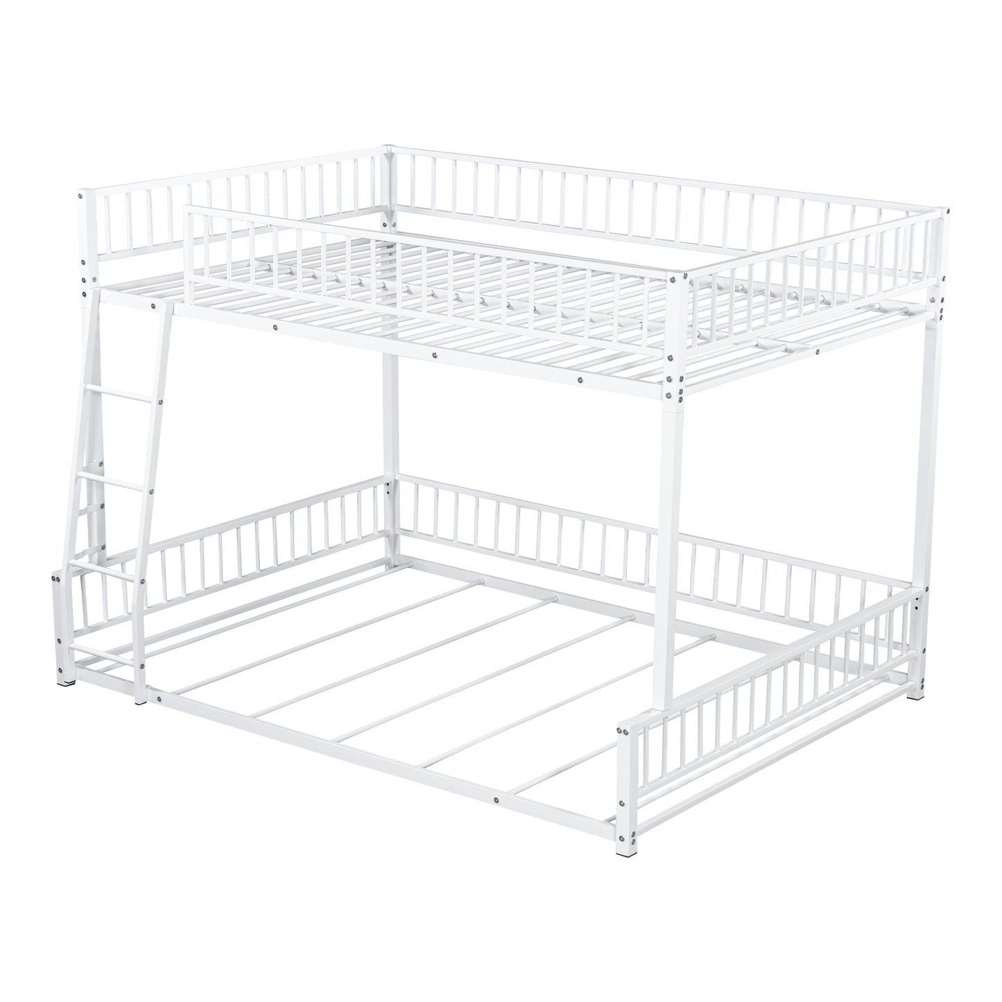 White Full XL over Queen Metal Bunk Bed Frame with Ladder and Safety Guardrails, Easy Assembly, Durable Sturdy Design