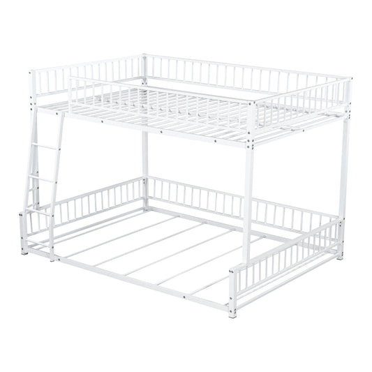 White Full XL over Queen Metal Bunk Bed Frame with Ladder and Safety Guardrails, Easy Assembly, Durable Sturdy Design