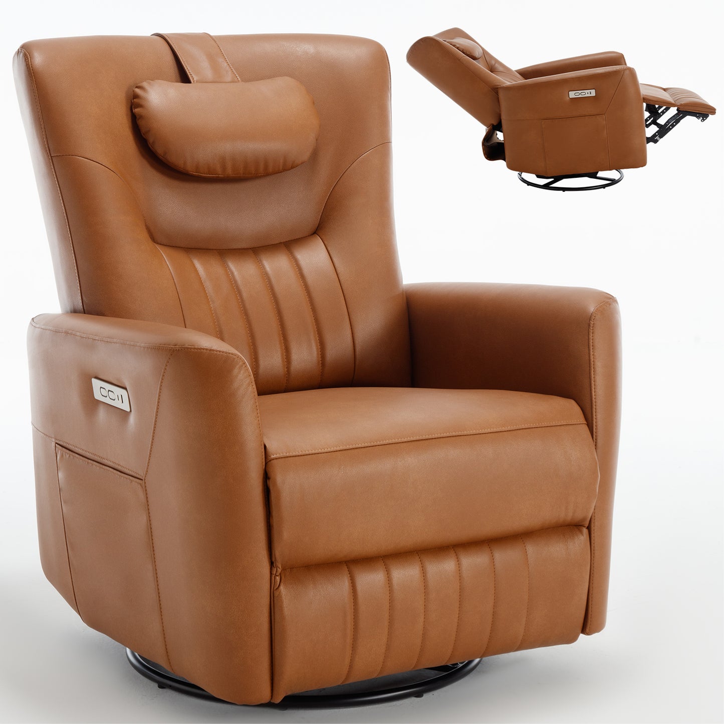 Yellow Brown Leatheraire Swivel and Rocker Power Recliner Chair with Lumbar and Neck Support Pillow, Heavy Duty Motion Mechanism with USB and Type-C