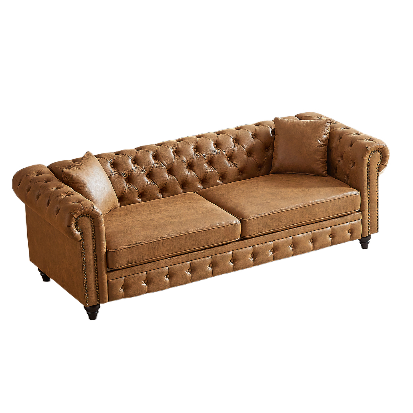 FX 85.5"Living Room with Tech Fabric Chesterfield Sofa with Rolled Arms 3 Seater Sofa with Button Design and 2 Cushions for Apartment, Office, Living Room