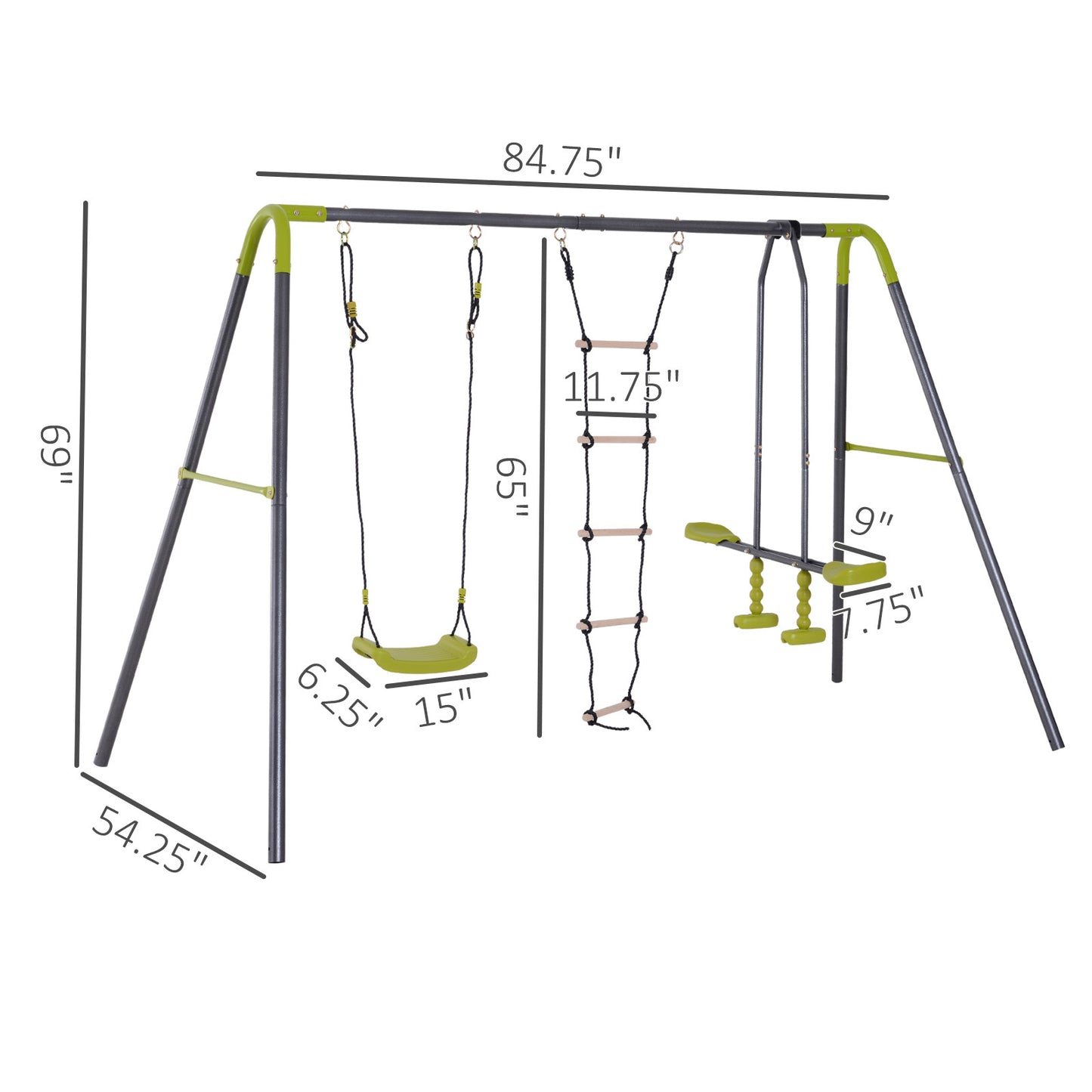 3 in 1 Kids Metal Swing Set for Backyard with Swing Seat, Glider and Climbing Ladder, Heavy Duty Metal Frame for 4 Children