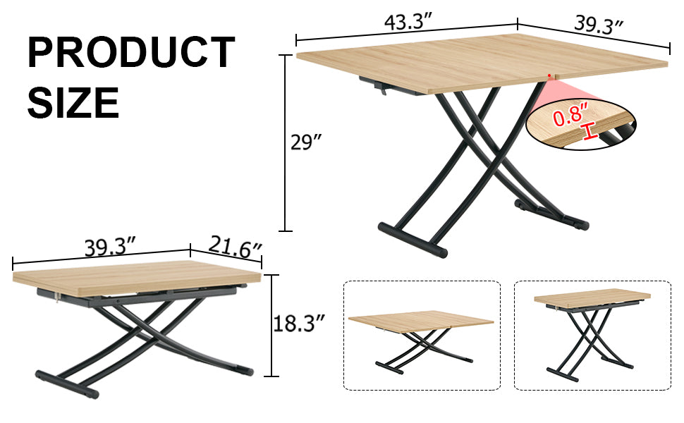 Modern minimalist multifunctional lift table with 0.8-inch MFC tabletop and black metal legs, can be used as dressing table, coffee table, dining table, and office desk.  LT-10055