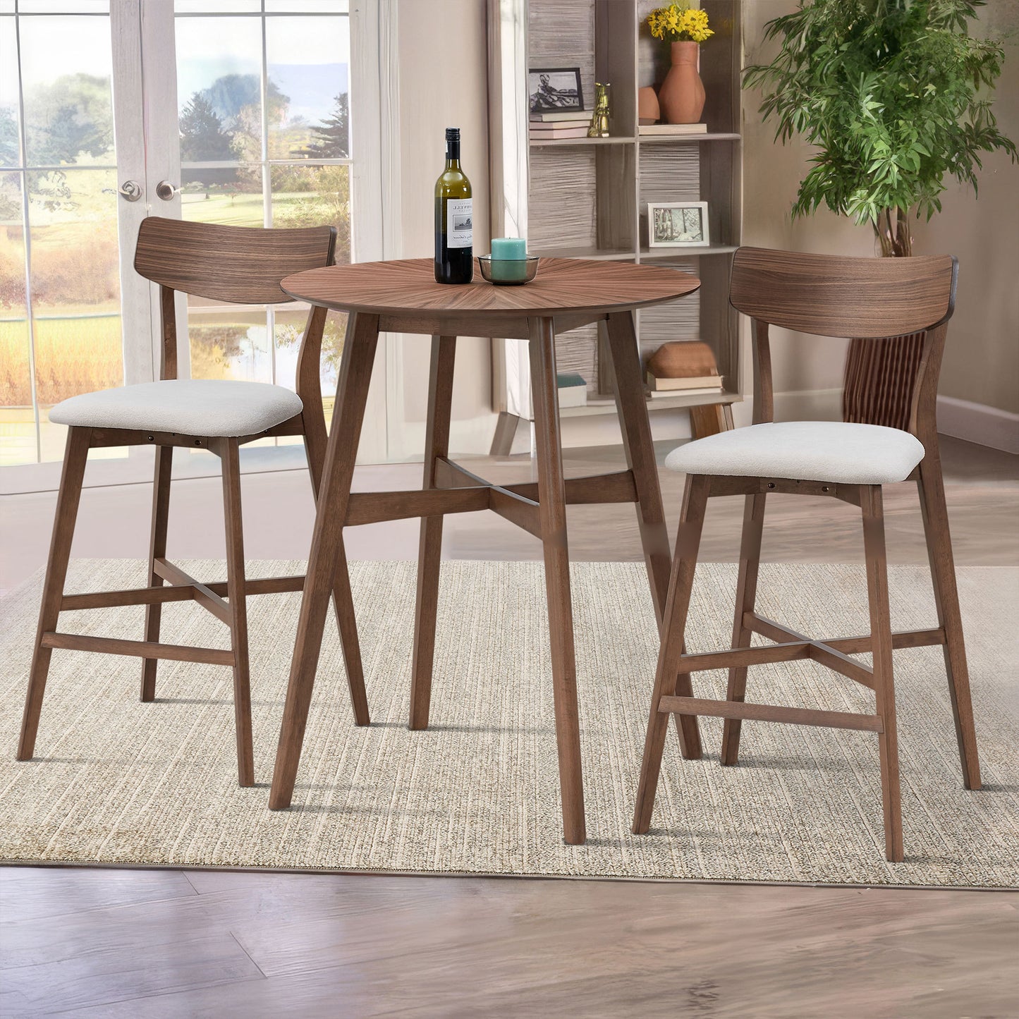 Wooden Bar Chairs Set of 2, Modern Soft Upholstered Kitchen Island Chairs, Counter Height Stool with Backrest,Wooden Frame Chairs with Footrest for Pub,Living Room,Restaurant,Walnut