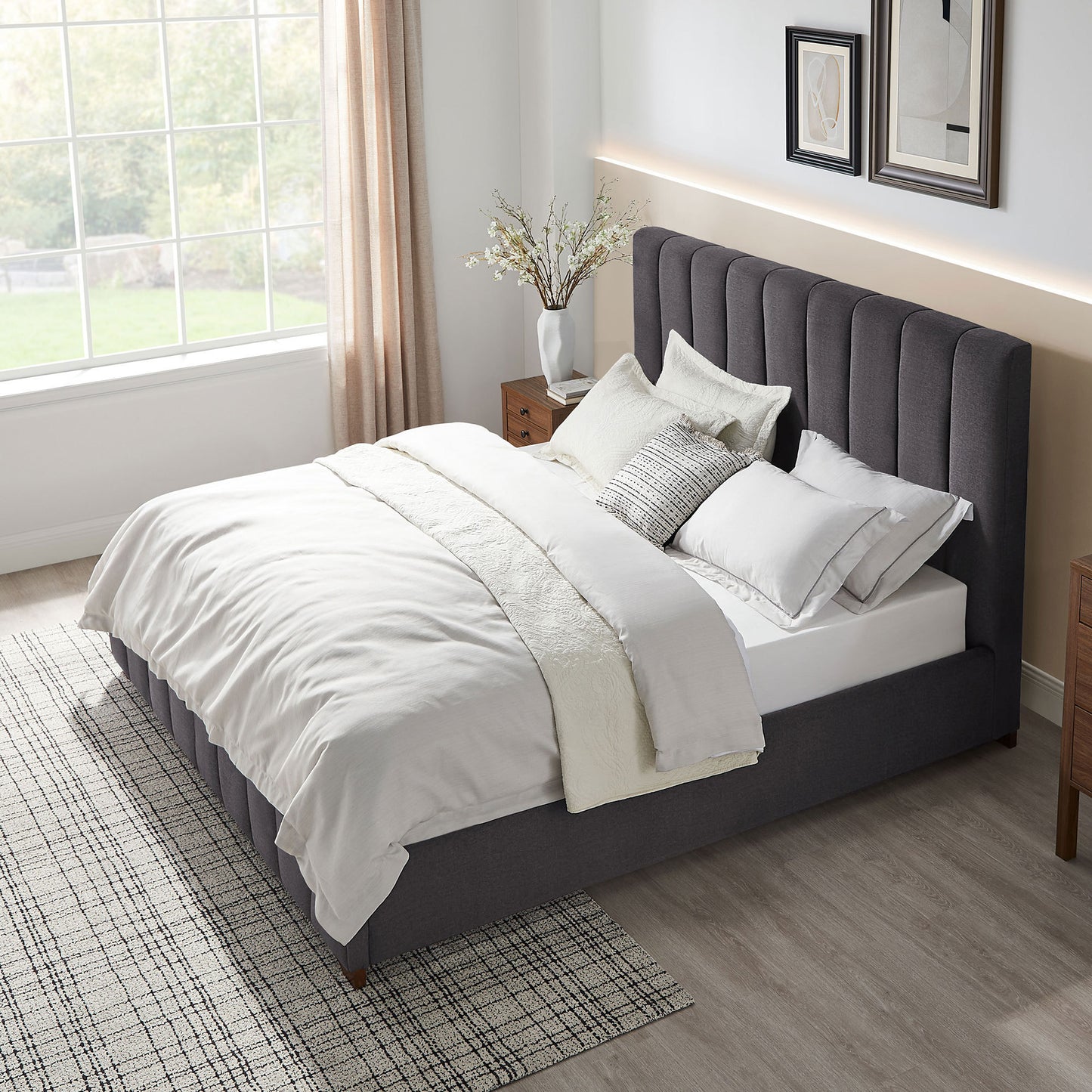 Full Size Modern Design Bed Frame Upholstered Queen Bed Frame Platform with Headboard Fabric Headboard Wooden Slats Support, No Box Spring Needed,Mattress Foundation,Dark Grey