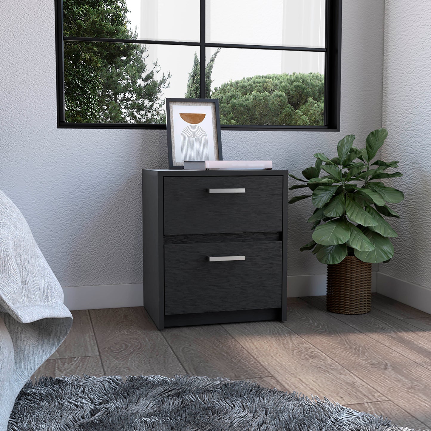 Nightstand 18"H , 2 Drawers with Metal Handles, Black
