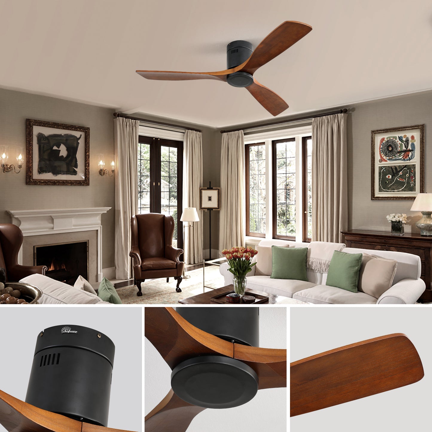 52 Inch Low Profile Ceiling Fan DC 3 Carved Wood Fan Blade Noiseless Reversible Motor Remote Control Without Light