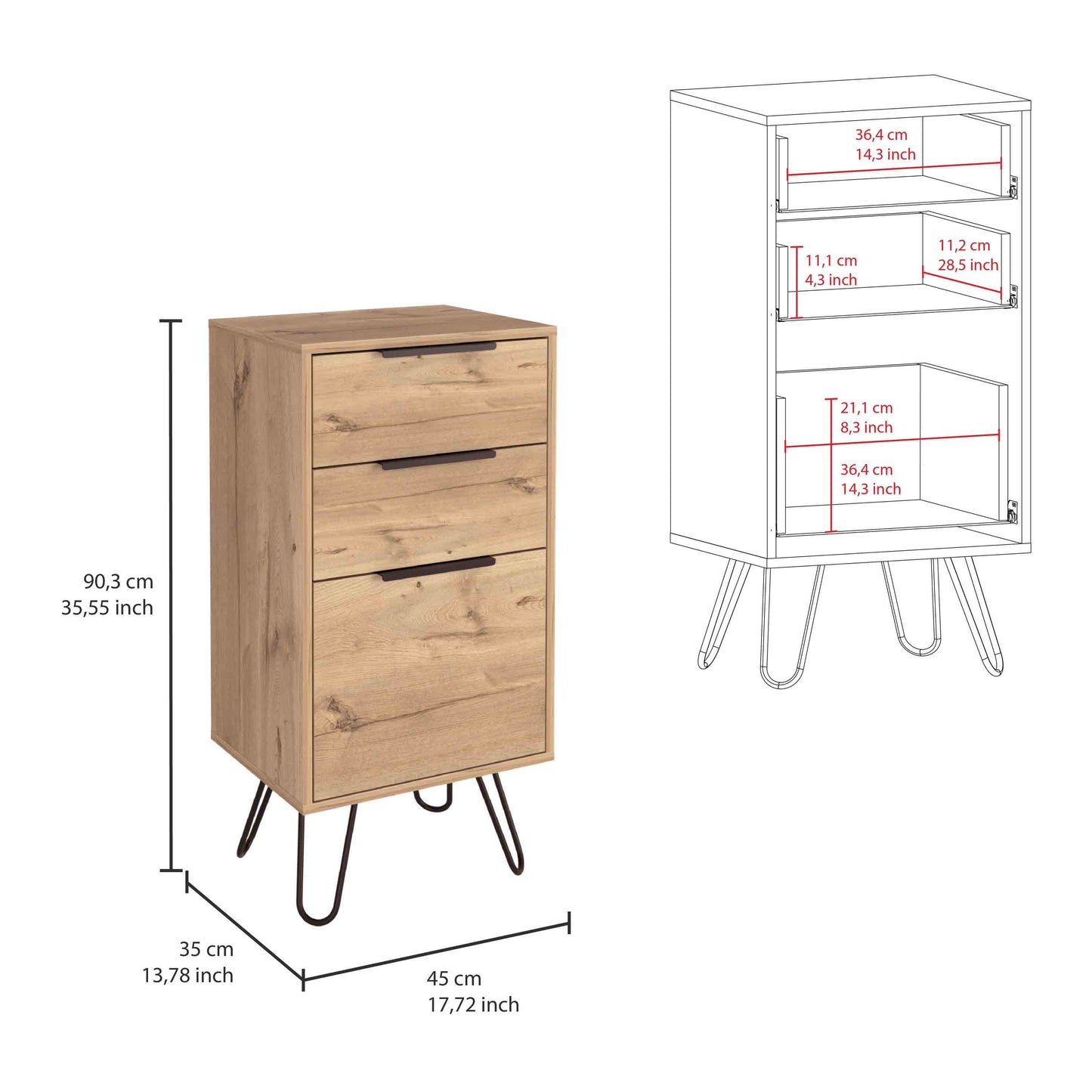 Augusta Light Dresser, Hairpin Legs, Superior Top,Three Drawers -Light Oak