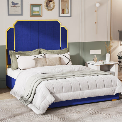 Queen Size Bed Frame and 59.06" Headboard, Upholstered Bed with Golden Plating Trim, Modern Platform Bed No Box Spring Needed, Navy Blue Queen Bed