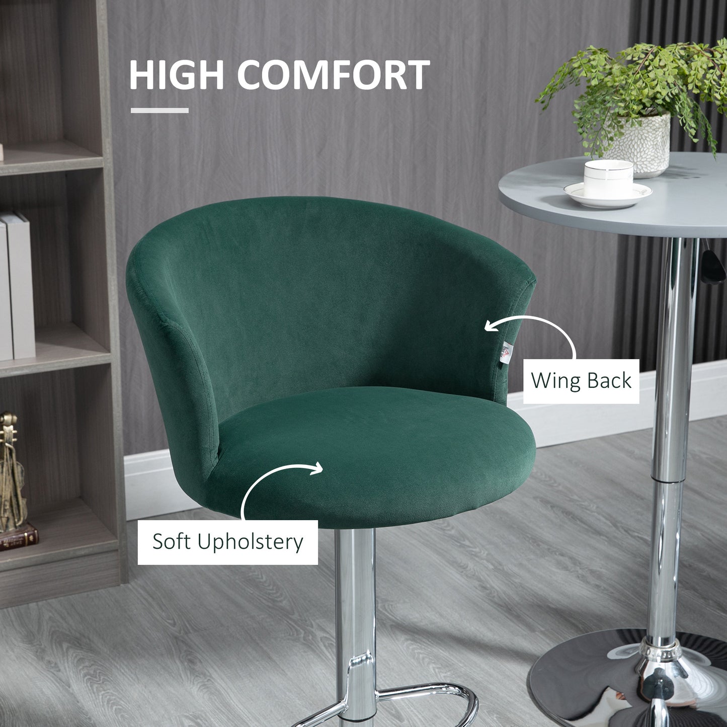 HOMCOM Adjustable Bar Stools Set of 2, Velvet Upholstered Kitchen Stool, Swivel Counter Height Barstool with Footrest for Dining Room, ‎Dark Green