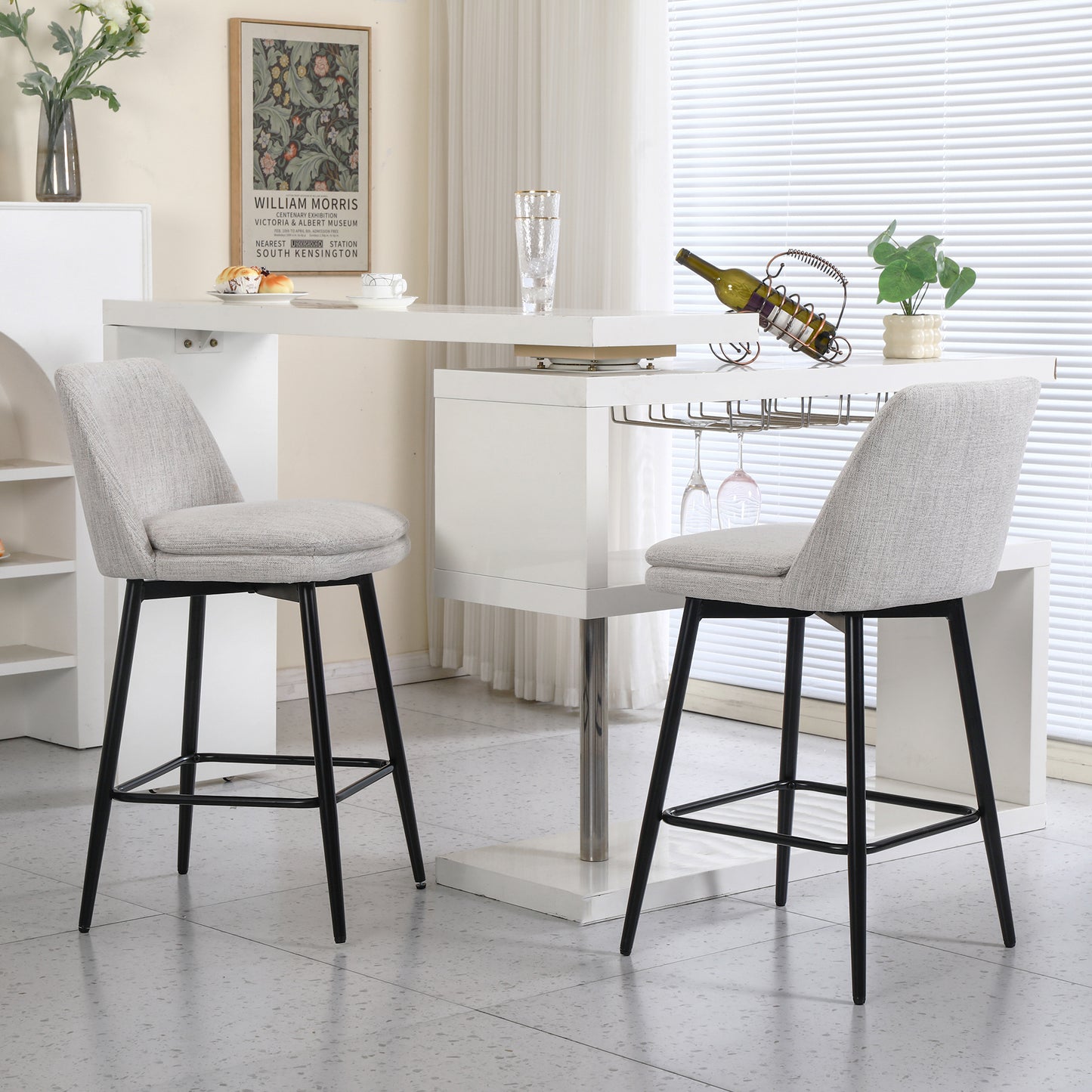 Counter Height Swivel Bar Stools Set of 2, 360° Swivel Upholstered Barstools with Back and Metal Legs, 25.6" Seat Height,Counter Stools for Kitchen Island and Pub,Linen Cloth,Off White Linen.