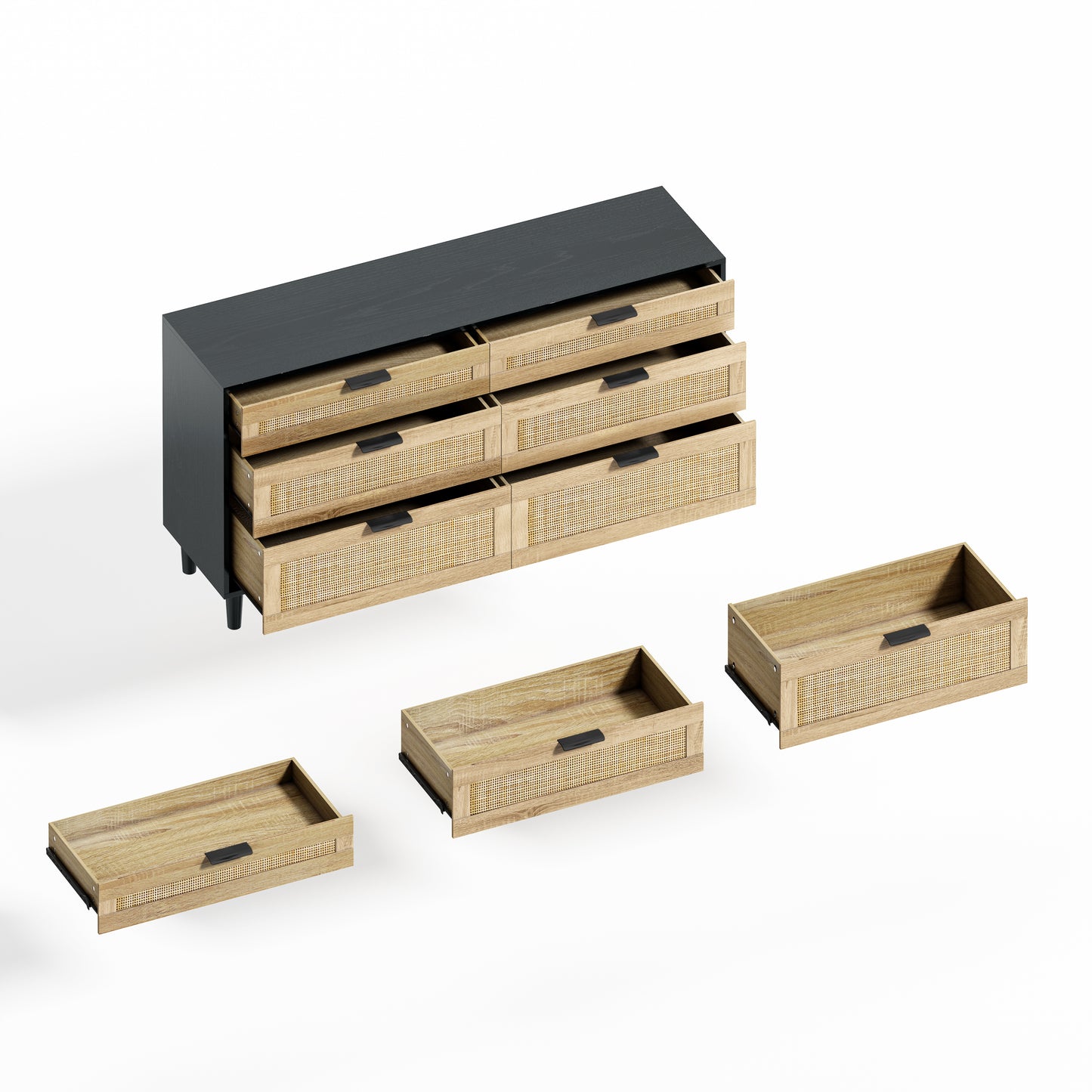 59" Rattan Dresser with Drawers, 6 Drawer Dresser for Bedroom, Clothes Storage Cabinet for Bedroom, Metal Handle&Wood Legs for Hallway, Living Room, Bedroom,Black