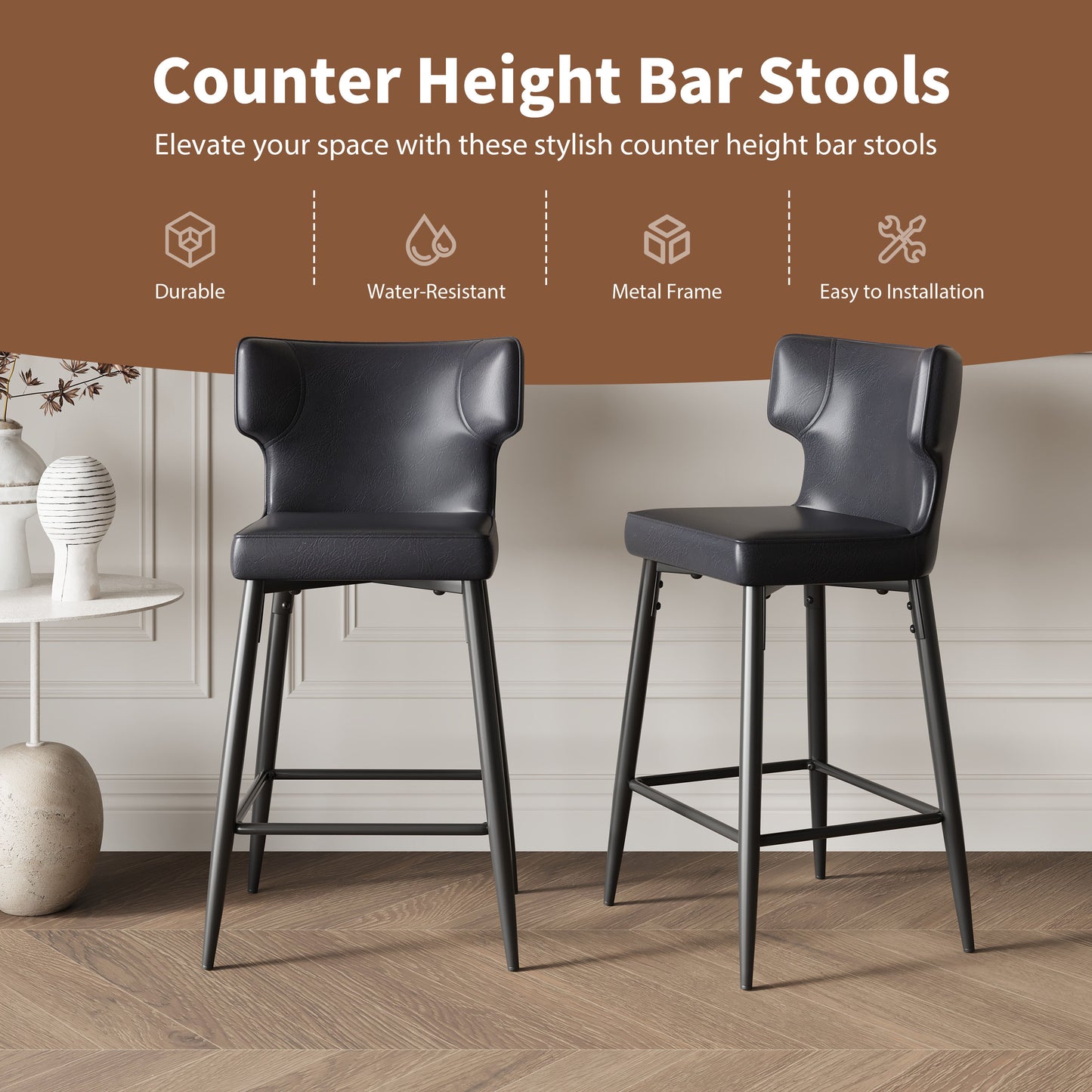 28inch Counter Height Bar Stools Set of 2, Modern Bar Upholstered Chairs with PU Leather, Metal Footrest and Frame for Kitchen Island, Bar Table, Dining Room, Black