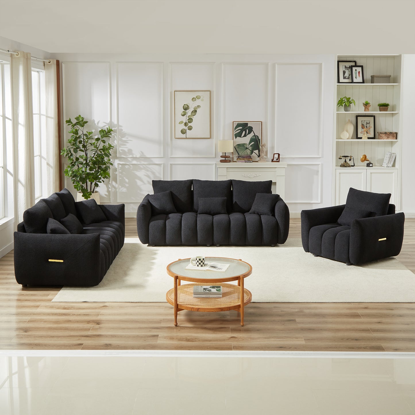 1 Seater + 3 Seater + 3 Seater,  Combo Sofa Modern Living Room Sofa, Teddy Sofa, Wooden Frame, 7 Cushions, Apartment Sofa Furniture