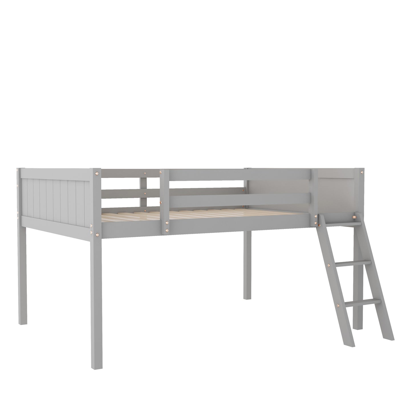 Full Size Wood Low Loft Bed with Ladder, ladder can be placed on the left or right, Gray (Old SKU:GX000366AAE)