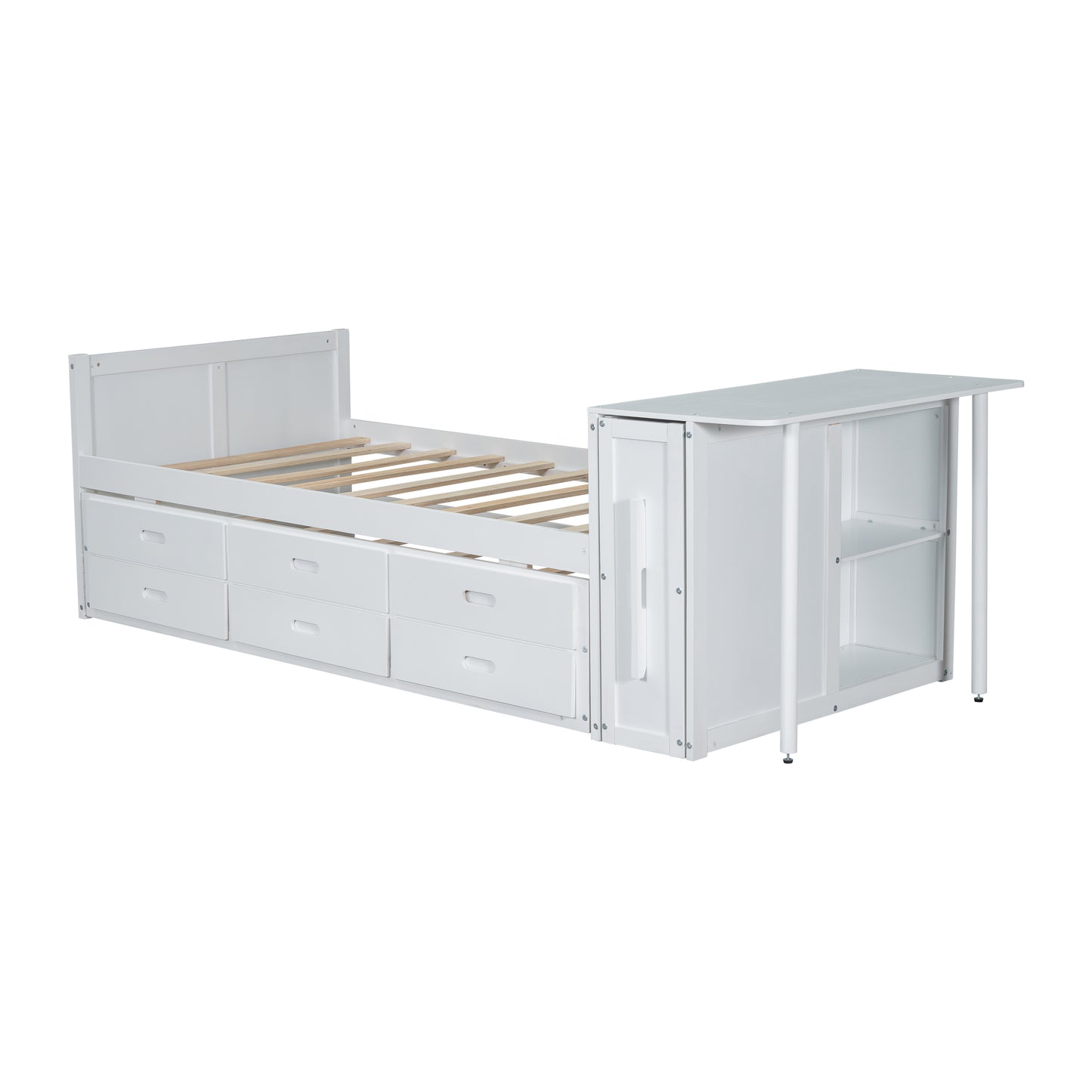 Twin Size Multifunctional Wood Platform Bed with Desk and Storage Shelf at the End of the Bed, Built-in Trundle and 3 Drawers, White