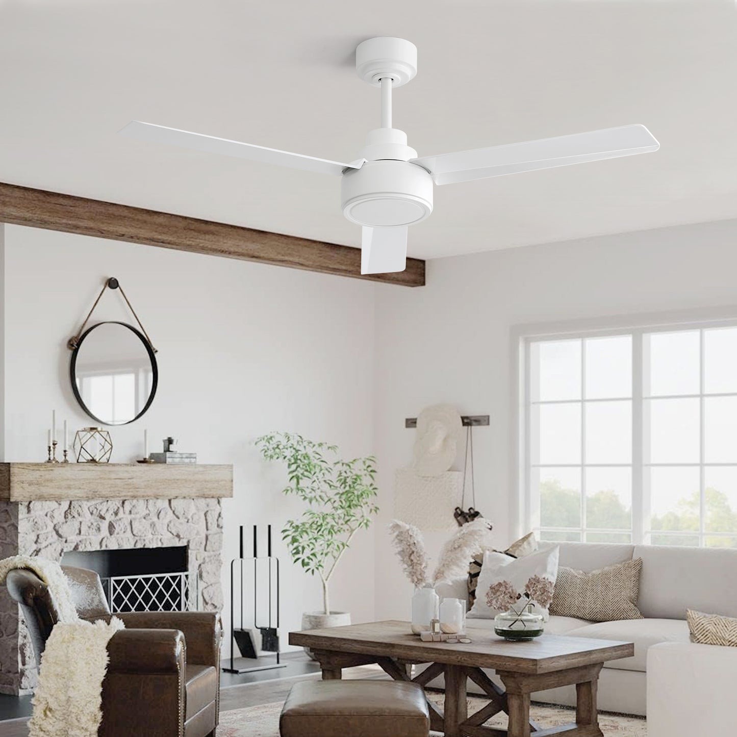 52" Ceiling Fan Without Light, 3 ABS Blades Farmhouse Ceiling Fan with Remote Control 6-speed Reversible DC Motor White for Living Room, Bedroom, Kitchen