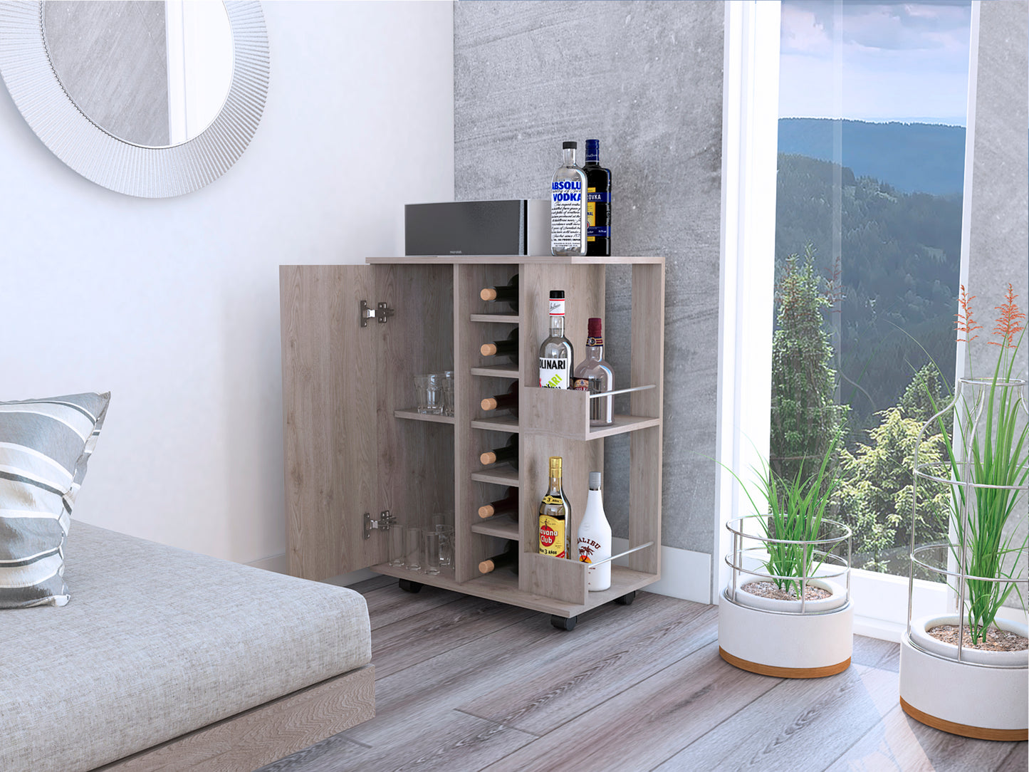 Bar Cart, Two External Shelves, Four Casters, Six Built-in Wine Rack, Single Door Cabinet -Light Gray