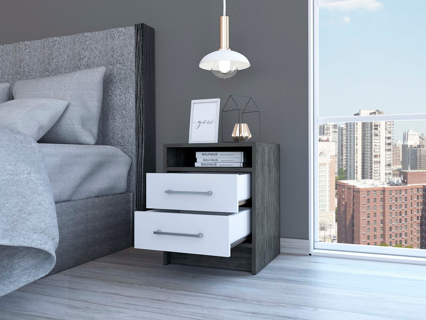 Eter Nightstand , End Table, Side Table Superior Top, Two Drawers -Smokey Oak / White