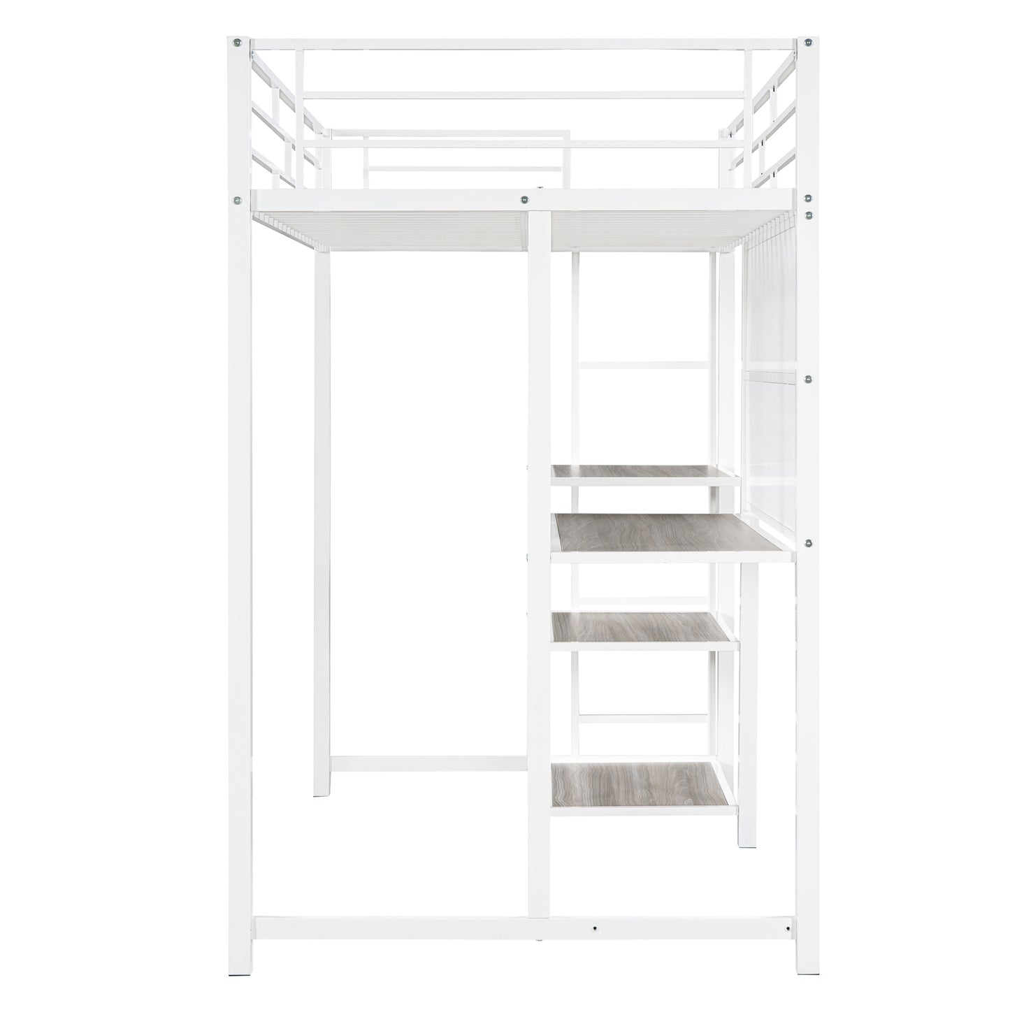 Twin Size Loft Bed with Desk and Whiteboard, Metal Loft Bed with 3 Shelves and Ladder, White