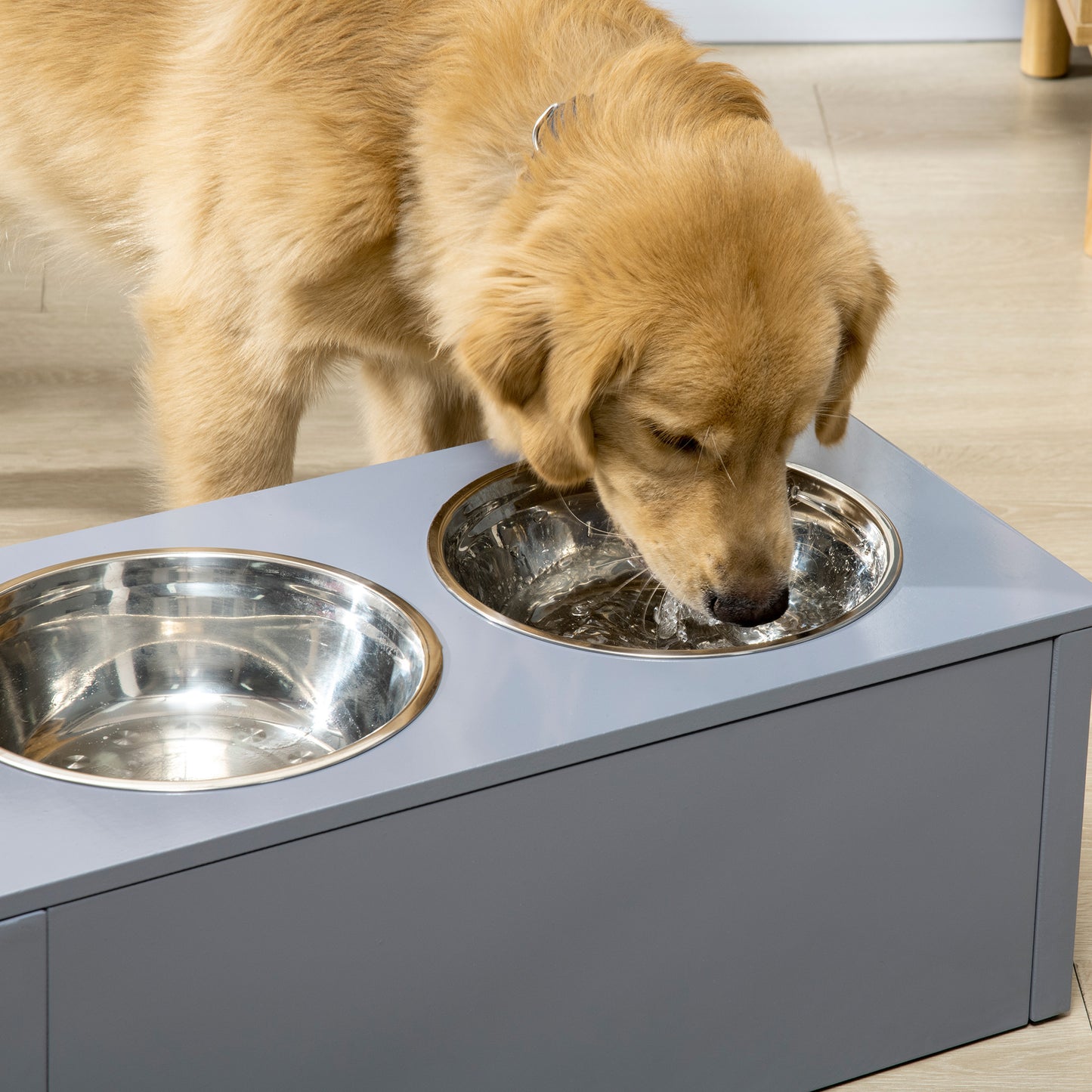 PawHut Elevated Dog Bowls, Raised Dog Bowl Stand with Storage, 2 Stainless Steel Bowls, Pet Feeding Station for Medium Dogs, Indoor Use, 23.6" x 11.8" x 9.4", Gray